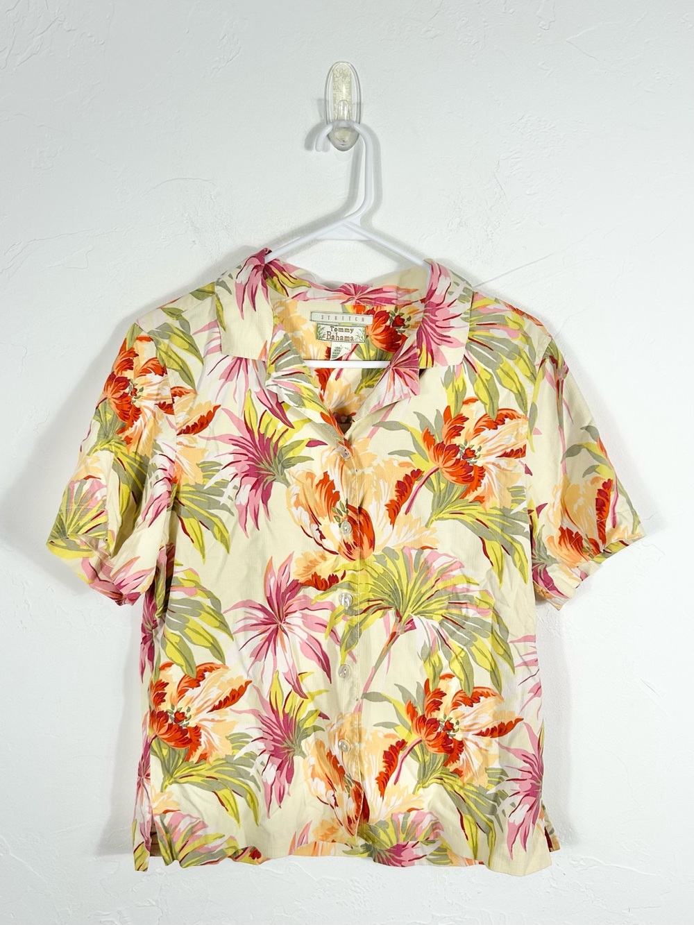 Vintage Tommy Bahama Silk Women's Rayon Tropical Floral Camp Shirt Cream Large